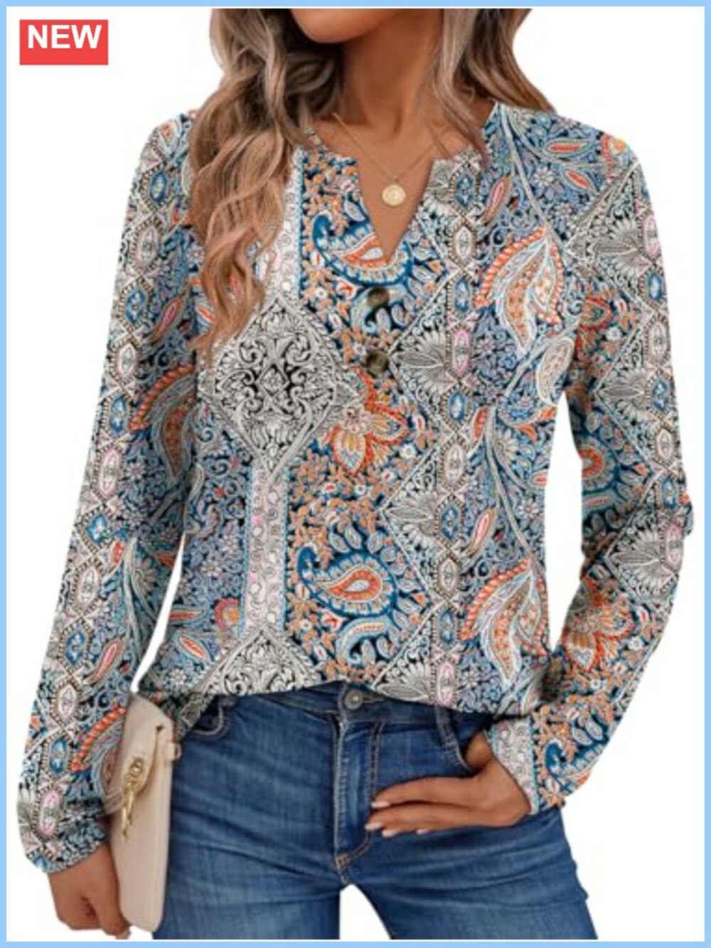 Women's Long Sleeve Henley Top V Neck Button Up Loose Fit Casual Blouse
